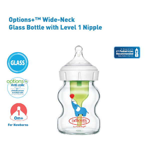 Dr Brown’s 50Z/150ML Wide-Neck Options+ Glass Baby Milk Bottle (Elephant Design)