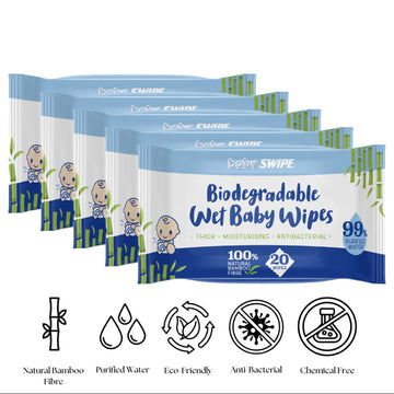 babySWIPE Biodegradable Organic Bamboo Baby Wipes 20s - 5in1 Bundle