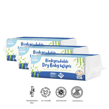 babySWIPE Biodegradable Organic Bamboo Dry Baby Wipes 80s - 3in1 Bundle