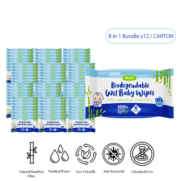 [ CARTON DEAL ] babySWIPE Biodegradable Organic Bamboo Baby Wipes Mini 8 sheets - 8in1bundle x 12packs