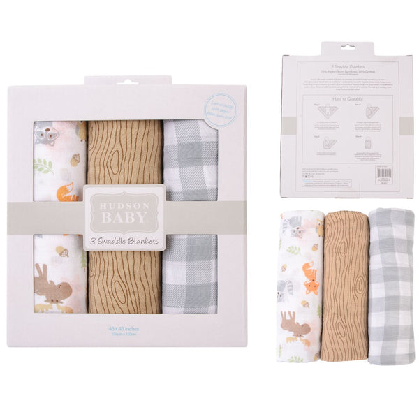 Hudson Baby 3pcs Bamboo Cotton Muslin Swaddle Blanket