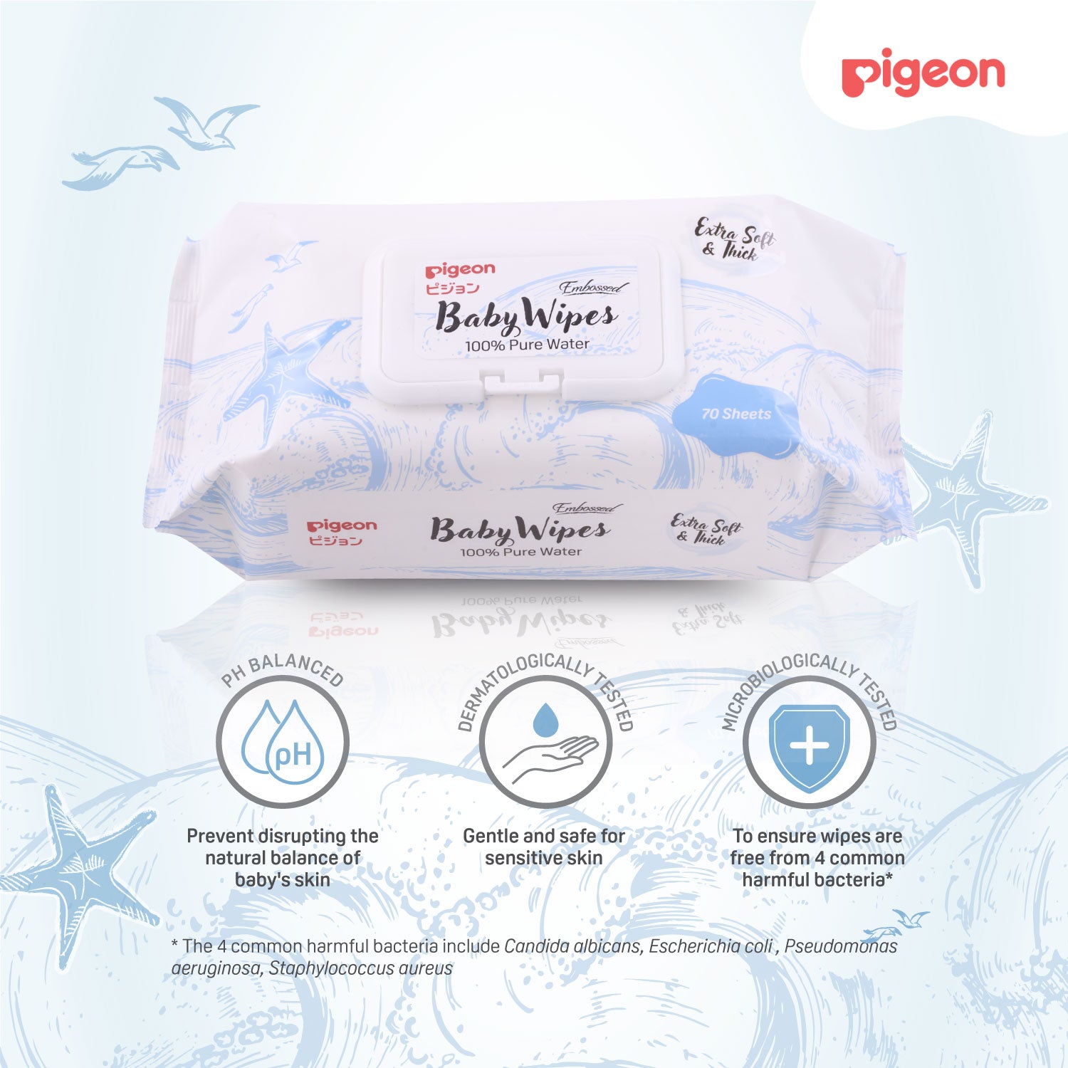 Pigeon Embossed Baby Wipes 100% Pure Water 70s 6in1 (Extra Soft & Thick)