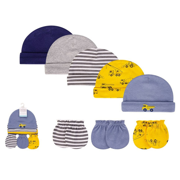 Hudson Baby 5pcs Cap & 3pcs Scratch Mitten Set (0-6m)