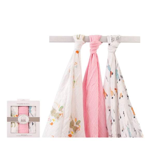 Hudson Baby 3pcs Bamboo Cotton Muslin Swaddle Blanket