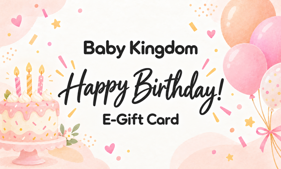 Baby Kingdom Happy Birthday E-Gift Card with a birthday cake and pastel balloons