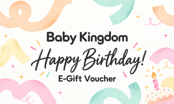 Baby Kingdom Happy Birthday E-Gift Voucher with pastel ribbons and a birthday cupcake