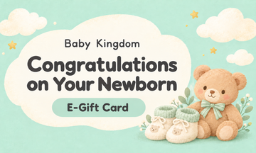 Baby Kingdom newborn congratulations E-Gift Card with a teddy bear and baby booties