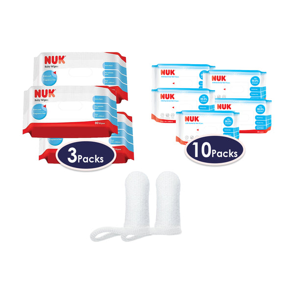 NUK Baby Wipes Fragrance-Free (80s) X3   + NUK Baby Wipes Fragrance-Free (20s) X 10 + 2X FREE Oral Care Finger Bundle (Promo)