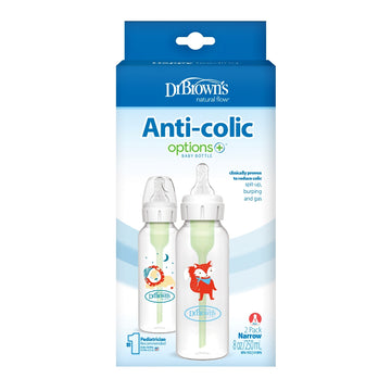 Dr. Brown's Anti-Colic Options+ PP Narrow Neck 8oz/250ml Bottle, Lion/Fox, 2 Bottles, Level 1 Teat - 0