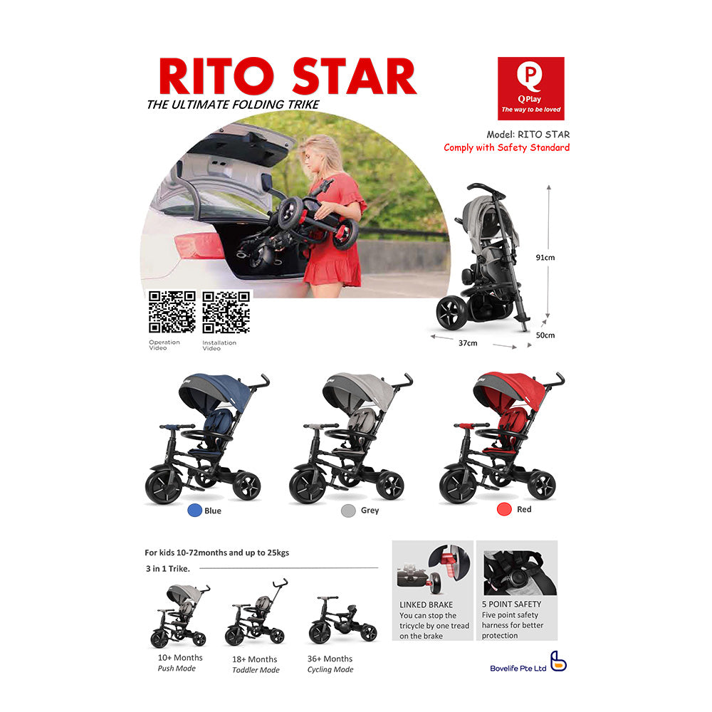 QPlay Rito 3-in-1/ Rito Star Easy Foldable Tricycle (10-36 Months)