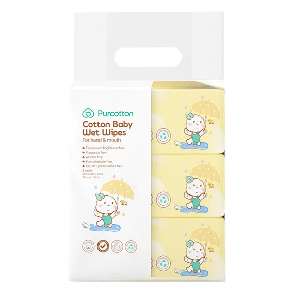 Purcotton 100% Cotton Baby Wet Wipes for Hand & Mouth (3in1) -80sheets