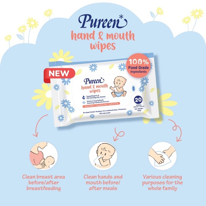 Pureen Hand & Mouth Wipes baby wet wipes tissue fragrance free 2x20's