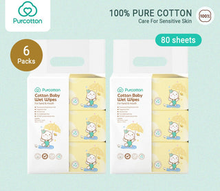 Purcotton 100% Cotton Baby Wet Wipes for Hand & Mouth (3in1) -80sheets