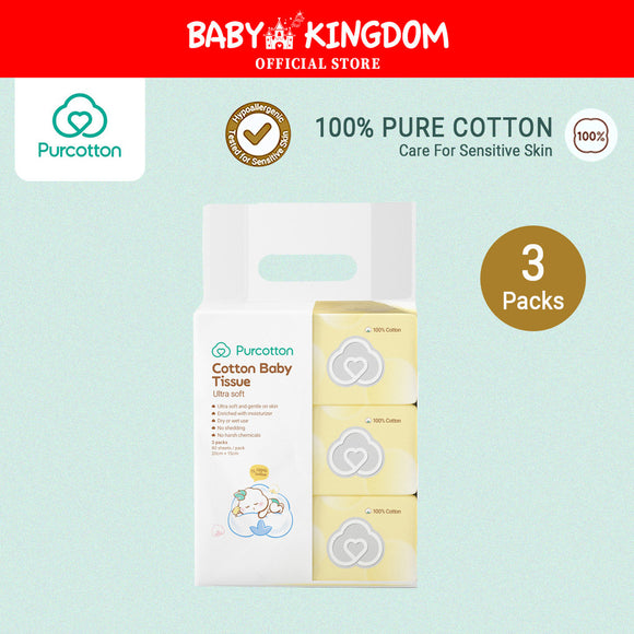 Purcotton 100%  Cotton Baby Tissue Newborn Face Washing Towels Dry Wet Use  for Hand & Mouth (Ultra Soft) (3in1Packs)