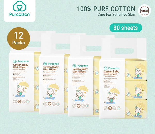 Purcotton 100% Cotton Baby Wet Wipes for Hand & Mouth (3in1) -80sheets