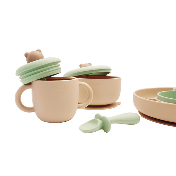 Combi Bear Silicone Tableware Gift Box (Rice+Green) Learning Tableware Dinner Bowls Plates
