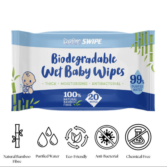 babySWIPE Biodegradable Organic Bamboo Baby Wipes 20s - Single Pack