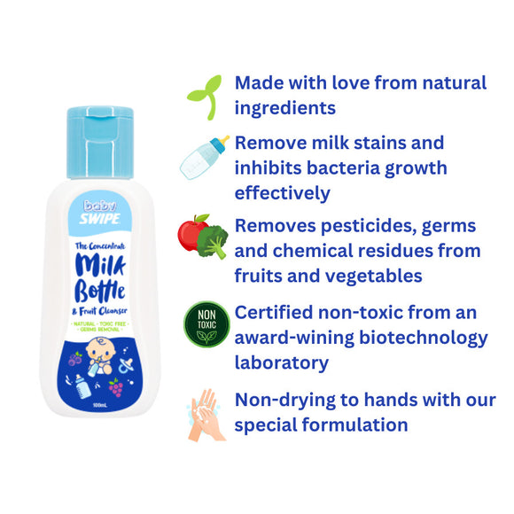BabySWIPE Tiny Travellers Pack (Milk bottle cleanser, detergent, sanitiser, disinfectant, cap holder, wipes, pouch bag)