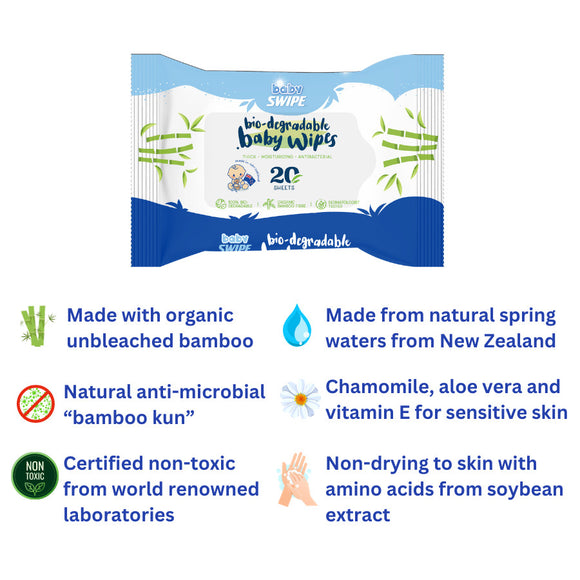 BabySWIPE Tiny Travellers Pack (Milk bottle cleanser, detergent, sanitiser, disinfectant, cap holder, wipes, pouch bag)