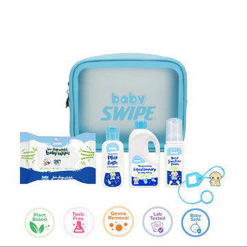 BabySWIPE Tiny Travellers Pack (Milk bottle cleanser, detergent, sanitiser, disinfectant, cap holder, wipes, pouch bag)