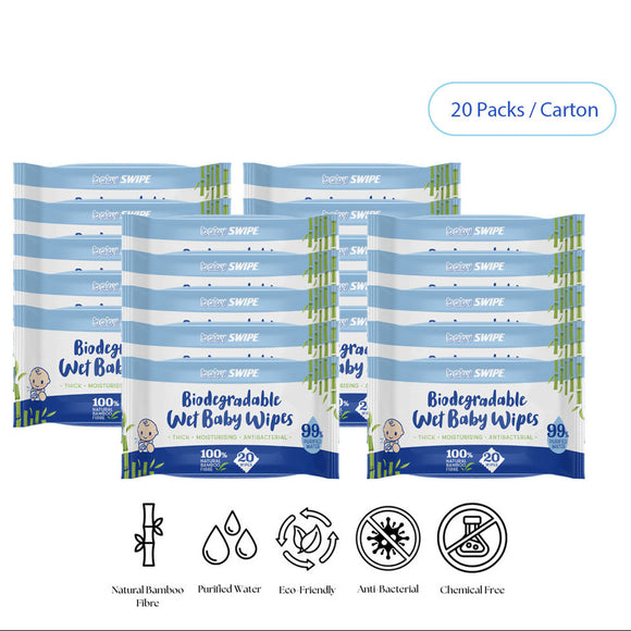 [ CARTON DEAL ] babySWIPE Biodegradable Organic Bamboo Baby Wipes 20s x 20packs