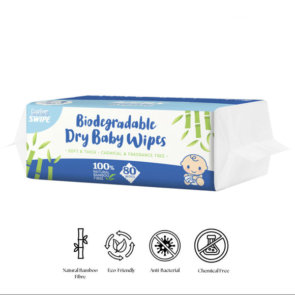 babySWIPE Biodegradable Organic Bamboo Dry Baby Wipes 80s - Single Pack