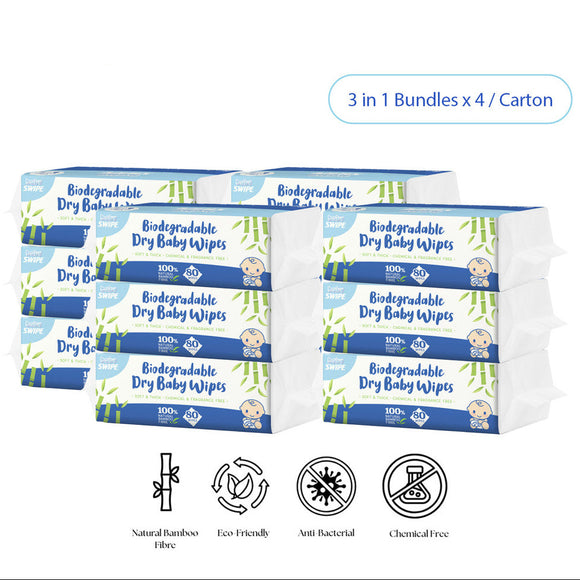 [CARTON DEAL] babySWIPE Biodegradable Organic Bamboo Dry Baby Wipes 80s x ( 3in1 Bundles x 4)