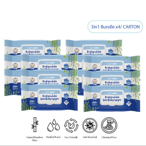 [ CARTON DEAL ] babySWIPE Biodegradable Organic Bamboo Baby Wipes 70s x (3 in1 Bundle x4)