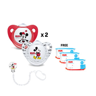 NUK 2x Mickey Silicone Soother 2pcs (6-18M)+ Mickey Soother Chain+ Free Anti-Bacteria Wet Wipes(80x3) (Promo)
