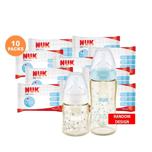 NUK 2 x Premium Choice PPSU Bottle + Baby Wipes (10s) x 10packs (Promo)