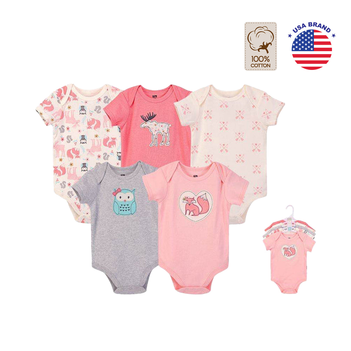 Hudson Baby 5pcs Bodysuit Short Sleeve Set (0-3m/3-6m/6-9m/9-12m)