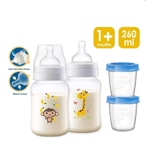 Philips Avent Anti-colic Baby Bottle 260ml x 2, 1m + 2 VIA Cups