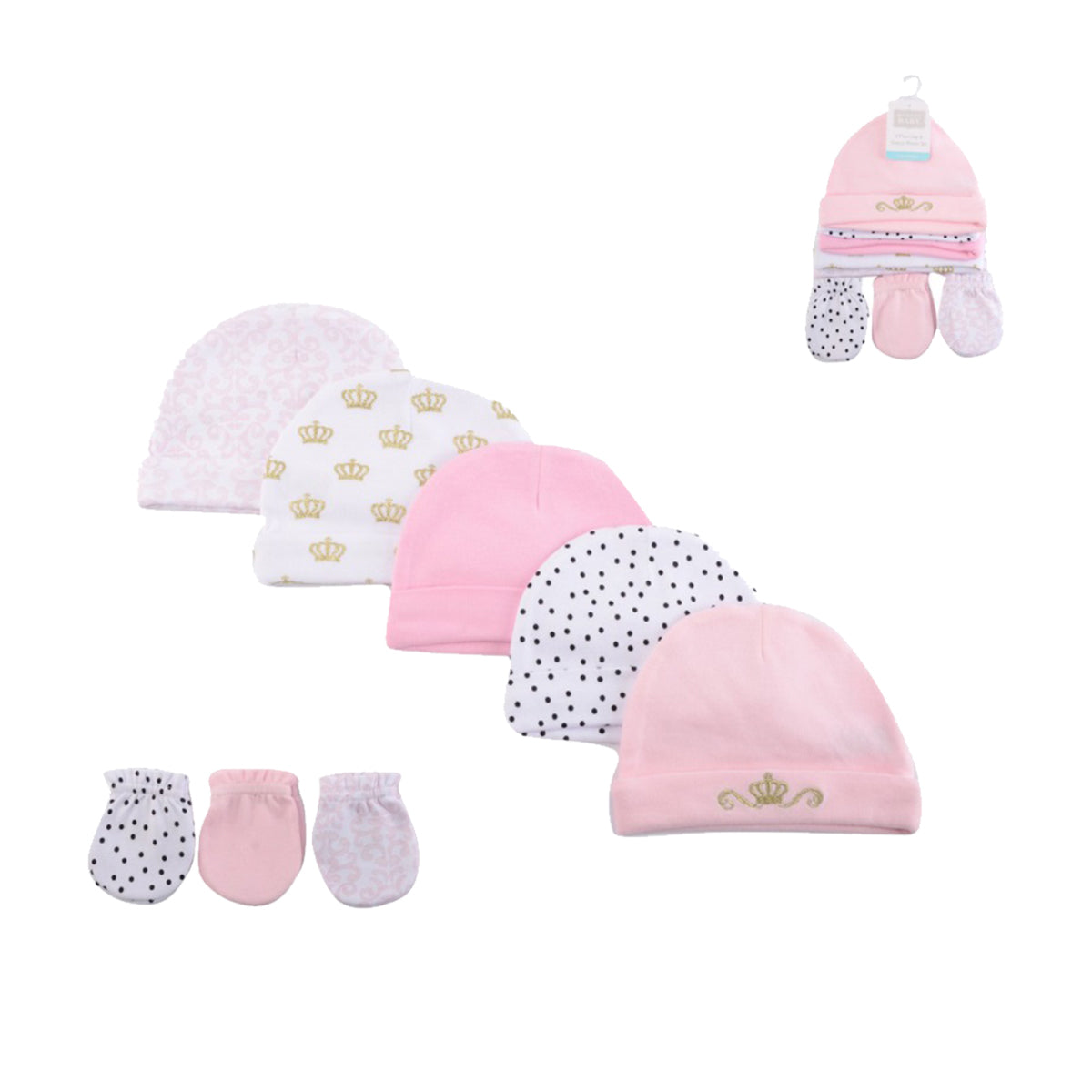 Hudson Baby 5pcs Cap & 3pcs Scratch Mitten Set (0-6m) - 0