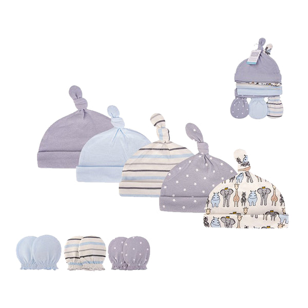 Hudson Baby 5pcs Cap & 3pcs Scratch Mitten Set (0-6m)