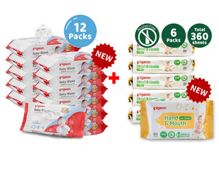 Pigeon Bundle of Wipes 100% Pure Water Baby Wipes (12 Packs) and  Hand and Mouth Wet Tissue (6 Packs) (Promo)