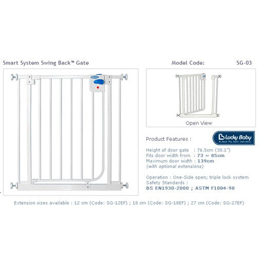 Lucky Baby SG03 Smart System Swing Back Steel Gate - White