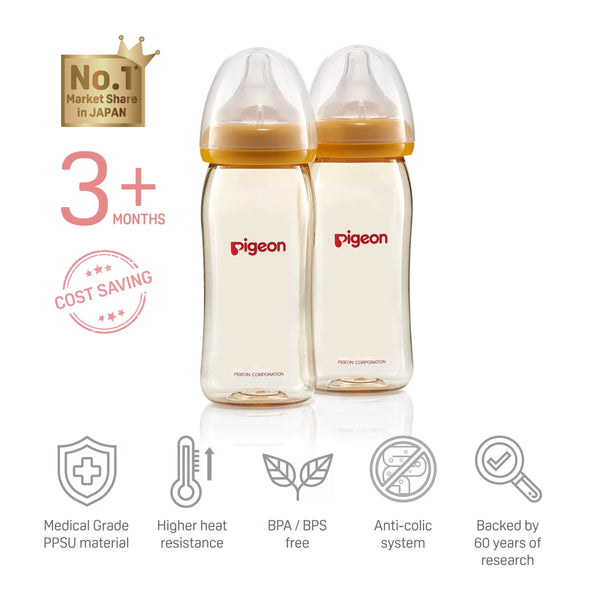 Pigeon SofTouch™ Wide Neck PPSU Nursing Bottle Twin Pack (160ml/240ml)(0 Month+/ 3+ Months) (Promo)