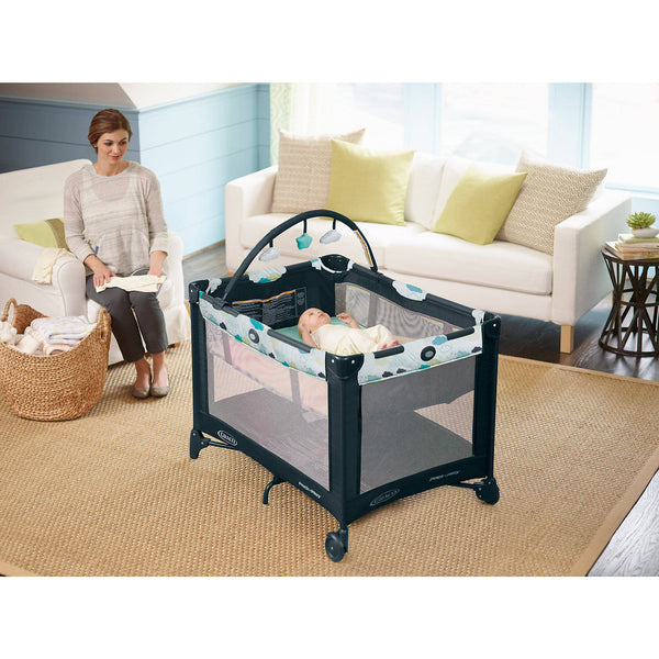 Graco Pack 'n' Play On The Go Playard With Bassinet - Stratus (Free 2 Foam Mattress + Quilted Sheet)