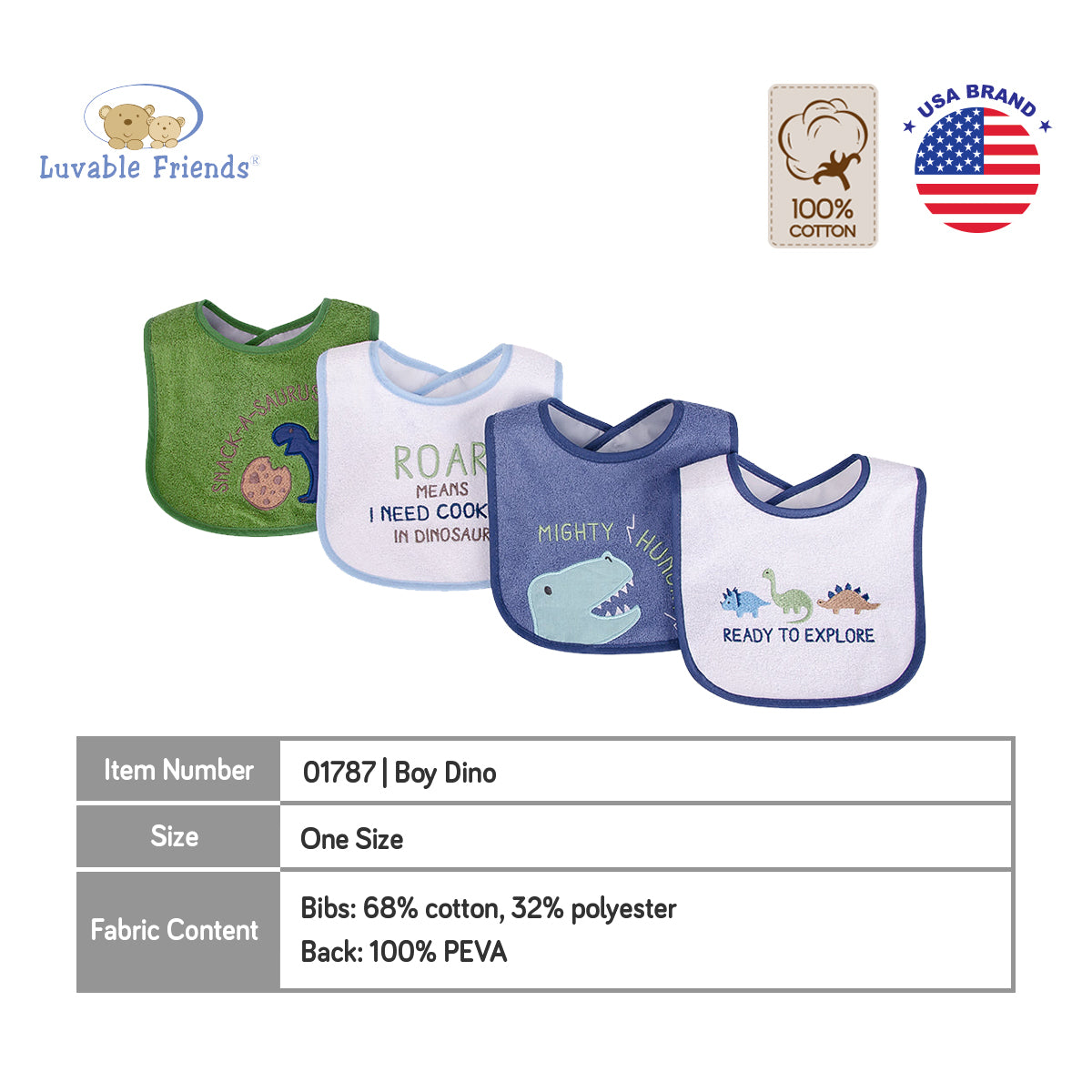Luvable Friends 4pcs EMB Bib With PEVA Back
