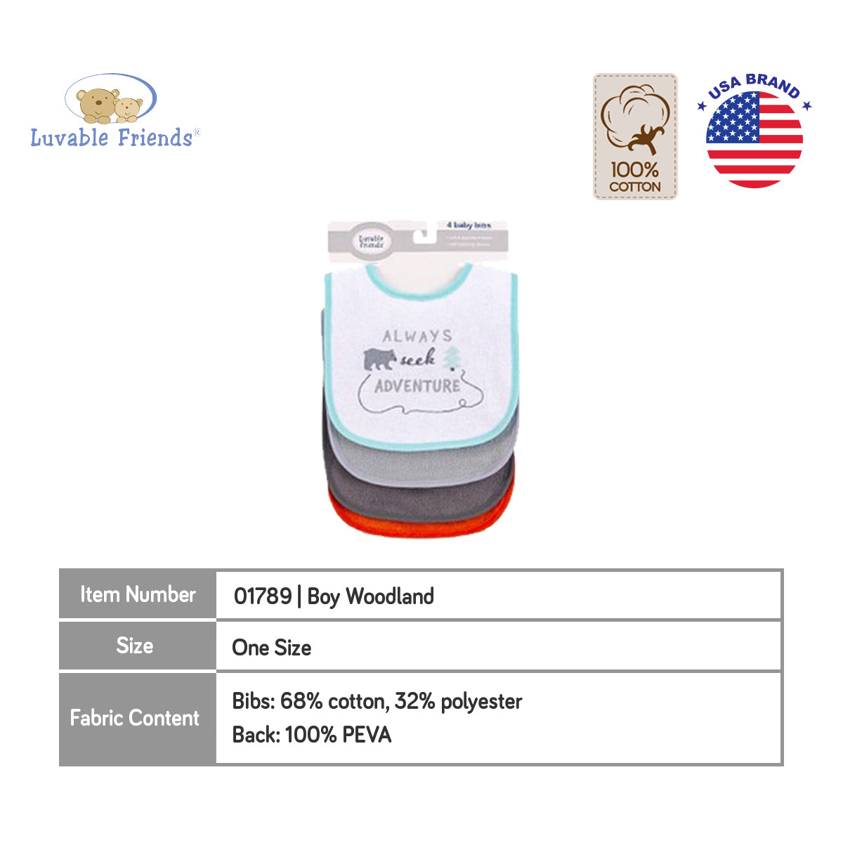 Luvable Friends 4pcs EMB Bib With PEVA Back