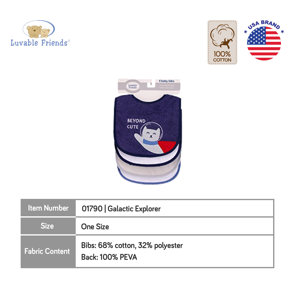 Luvable Friends 4pcs EMB Bib With PEVA Back