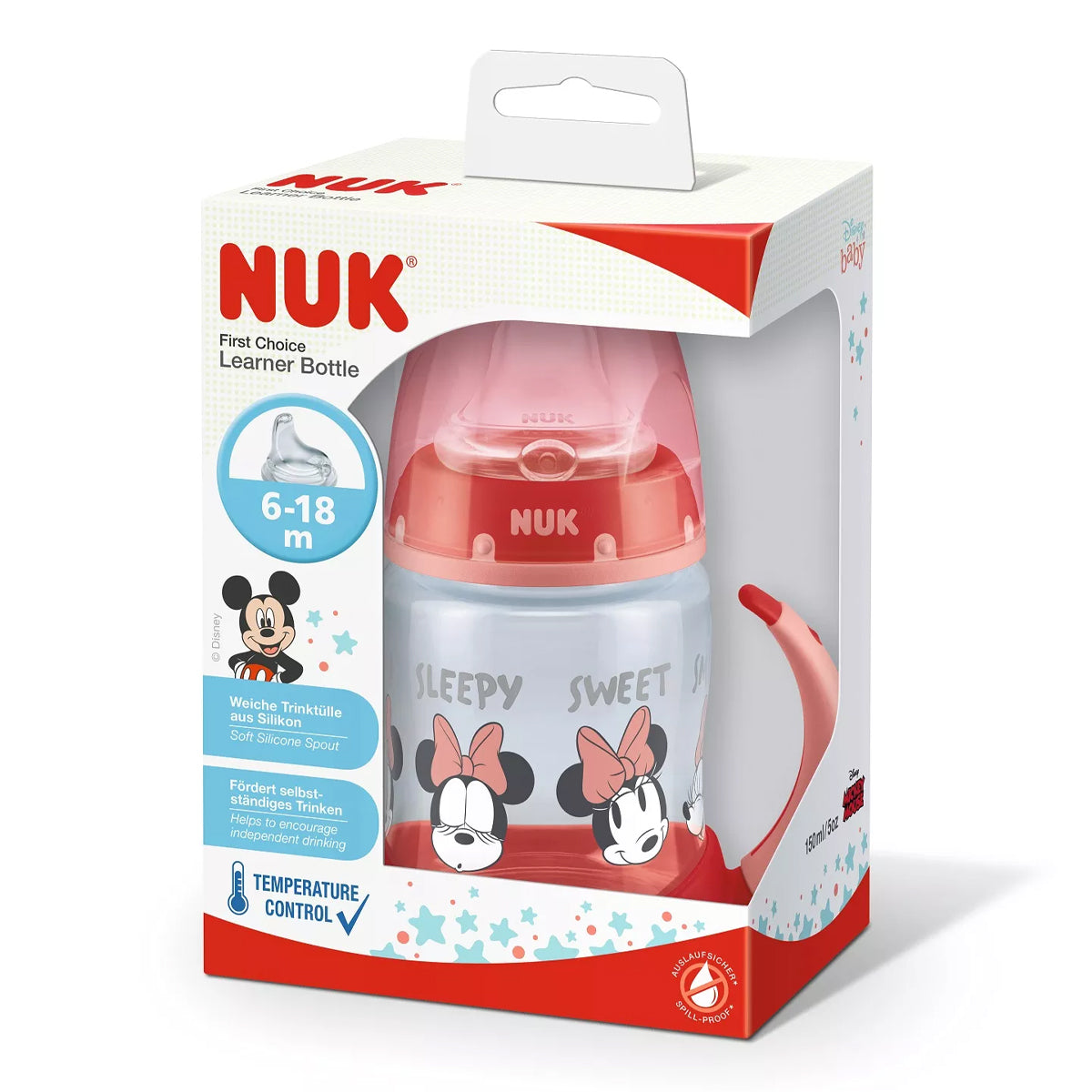 NUK Premium Choice PP 150ml Mickey/ Minnie Mouse Temperature Control Learner Bottle