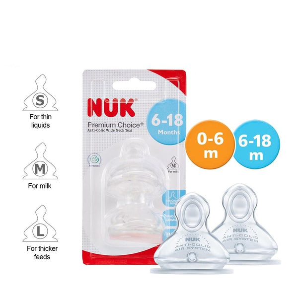 NUK Premium Choice+ Anti-Colic Wide Neck Teats - Silicone (0-6months / 6-18months)