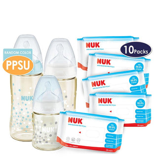 NUK PPSU Bottle (300mlx2) + (150mlx1) + Anti-bacterial wipes 20s(10packs) (Promo)