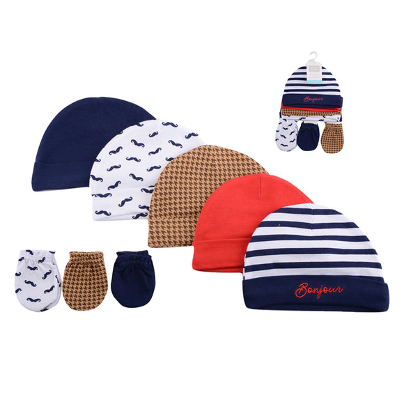 Hudson Baby 5pcs Cap & 3pcs Scratch Mitten Set (0-6m)