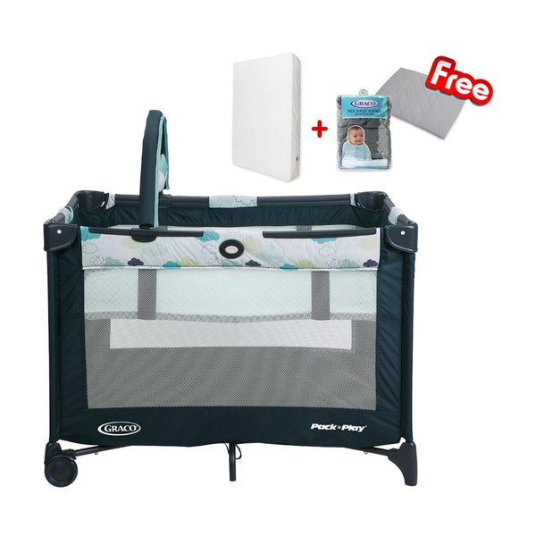 Graco Pack 'n' Play On The Go Playard With Bassinet - Stratus (Free 2 Foam Mattress + Quilted Sheet)